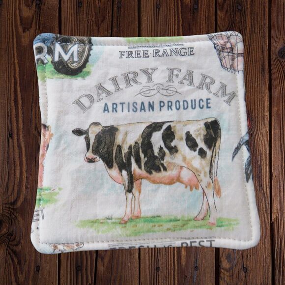 Fabric Coasters, Set Of 4, Farm Animal Reversible Country Floral Mug Rugs - Picture 2 of 9